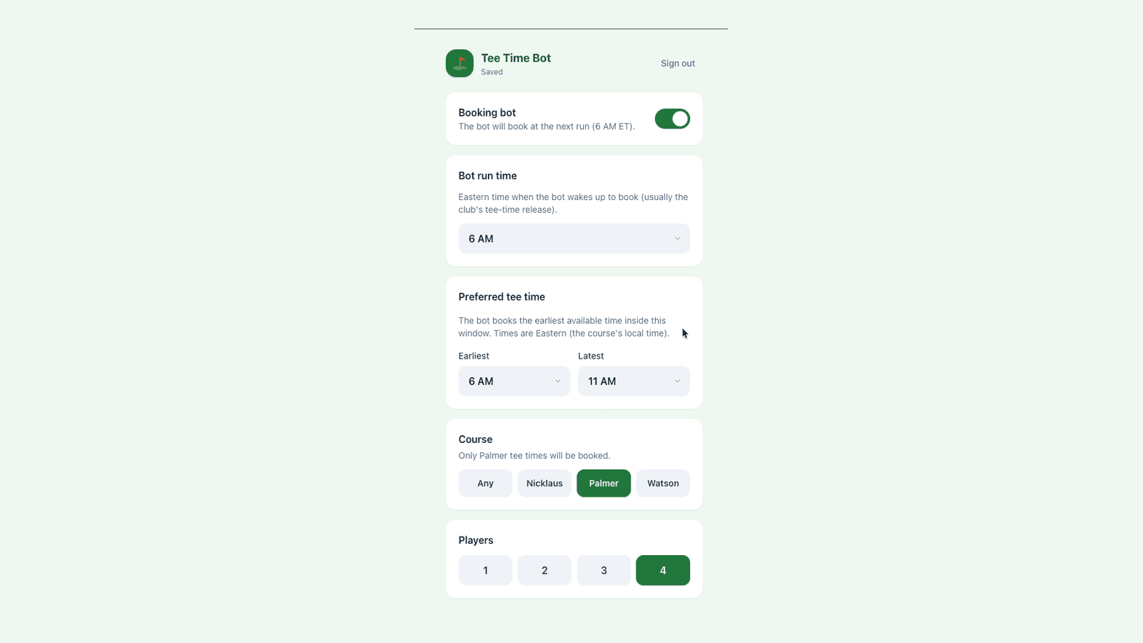 TeeTimeBot mobile app settings screen showing a booking bot toggle, preferred tee-time window, course selection, and player count